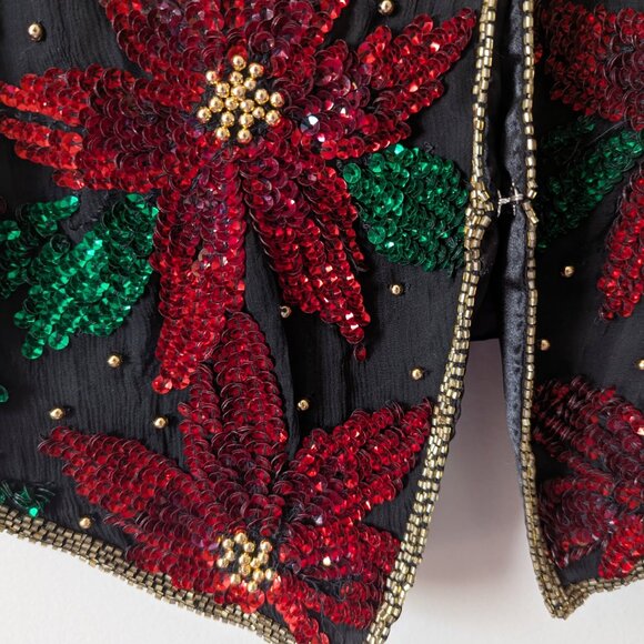 Vintage Scala 100% Silk Sequin Beaded Poinsettia Christmas Holiday Vest Size S - Picture 5 of 8